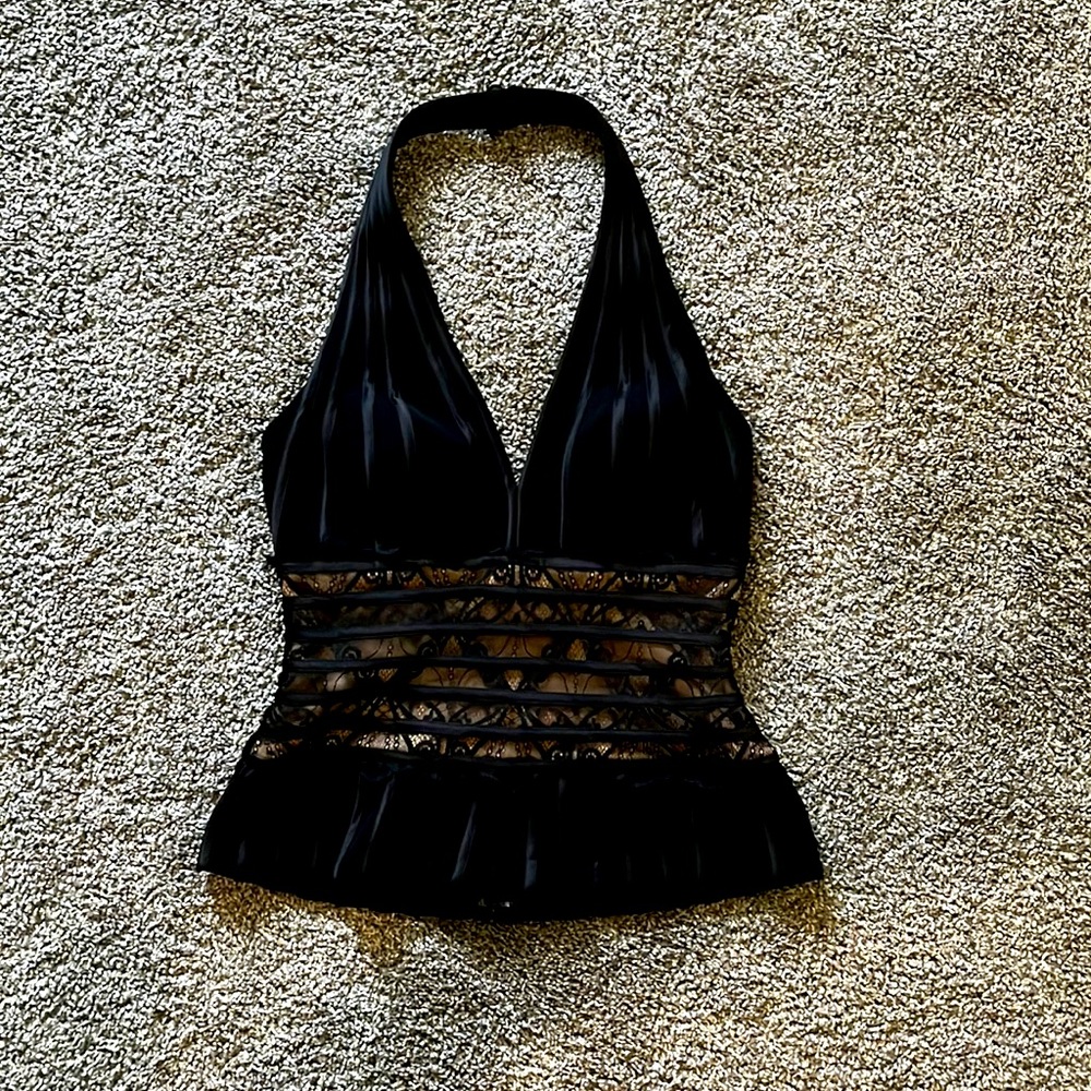 Cache Black Halter Neck Lace Trim Peplum Top